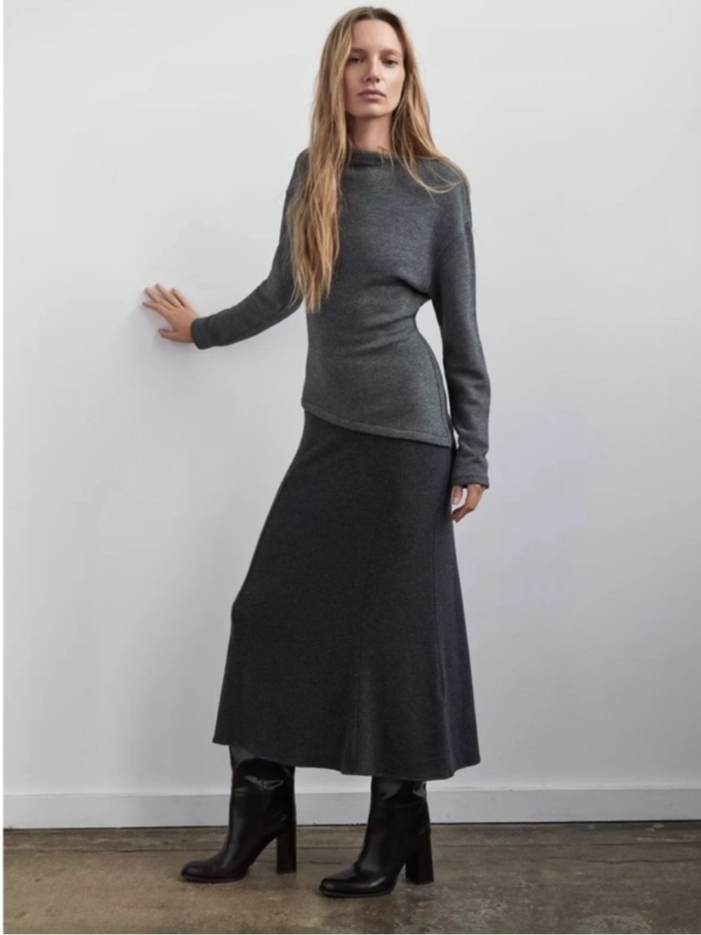 Zara Soft Combination Gray Marl Midi Dress Size S NWT